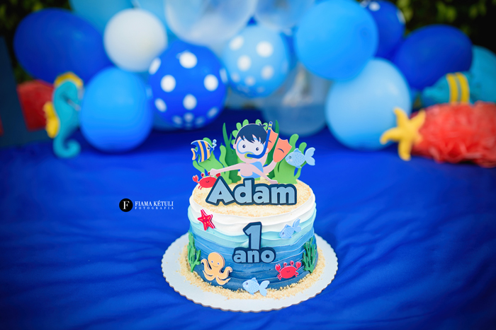 Smash cake para bebê com cenário completo em Brasília Tema Fundo do Mar